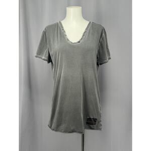 AllSaints Spitalfields Shirt Womens Small Gray V-Neck Eyelet Distressed Raw Hem